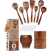 Wooden Cooking Utensils Set (9 PCS) Teak Wood Kitchen Utensils for Nonstick Cookware Wooden Spatula & Spoon Set Heat Resistant Natural Cooking Tools