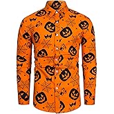 fohemr Mens Funny Halloween Shirt Ugly Pumpkin Long Sleeve Casual Button Down Shirts Adult Costume for Party