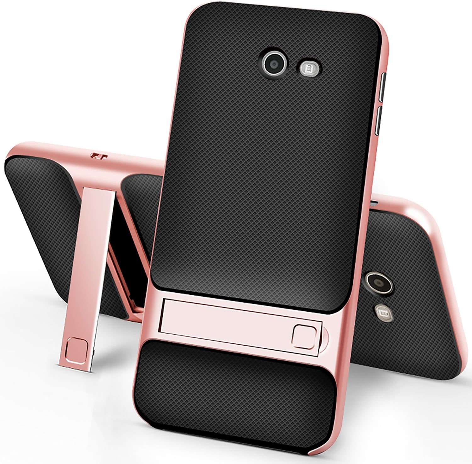 Samsung Galaxy J7 Case,Setber Cross Hatch TPU Back Cover+Colorful Bumper Dual layer 2 in 1 with Kickstand for Galaxy J7 2017/J7 V/J7 Sky Pro/J7 Perx/J7V 2017/J7 Prime(2017 Release)-Rose Gold