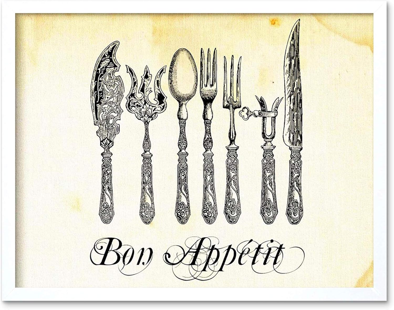 Wee Blue Coo Painting Drawing Sketch Cutlery Silver Bon Appetit Fork Knife Spoon Ornate Art Print Framed Poster Decor Art Print Framed Poster Wall Decor 12x16 inch