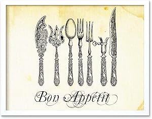 Wee Blue Coo Painting Drawing Sketch Cutlery Silver Bon Appetit Fork Knife Spoon Ornate Art Print Framed Poster Decor Art Print Framed Poster Wall Decor 12x16 inch