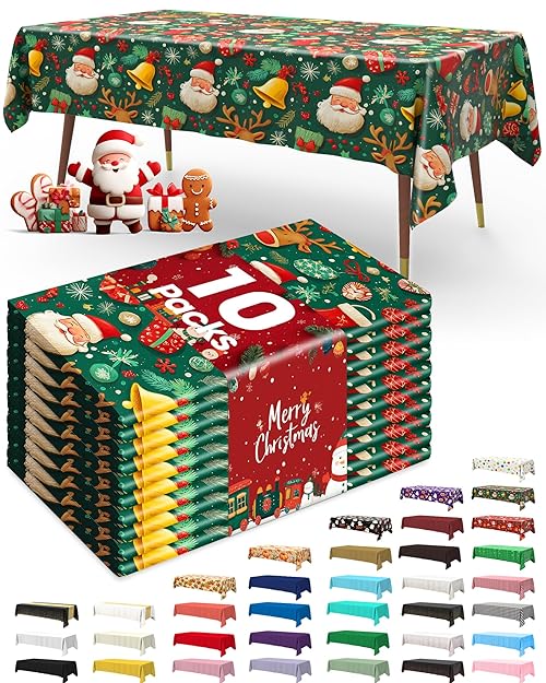 Pureegg Plastic Table Cloth Disposable 10 Pack, 54 x 108 Inch Table Cloths for Parties, Decorative Tablecloths for Rectangle Tables, Christmas Tablecloth Plastic, Leakproof & Sturdy, Christmas Green