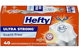 Hefty Ultra Strong 13 Gallon Trash Bags, Tall Kitchen Trash Bags 13 Gallon Size, Drawstring Closure, Continuous Odor Control, White, Unscented, 40 Bags