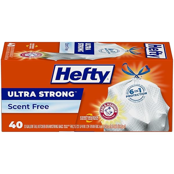 HEFTY ULTRA STRONG 13 GALLON TRASH BAGS, TALL KITCHEN TRASH BAGS 13 GALLON SIZE, DRAWSTRING CLOSURE, CONTINUOUS ODOR CONTROL, WHITE, UNSCENTED, 40 BAGS
