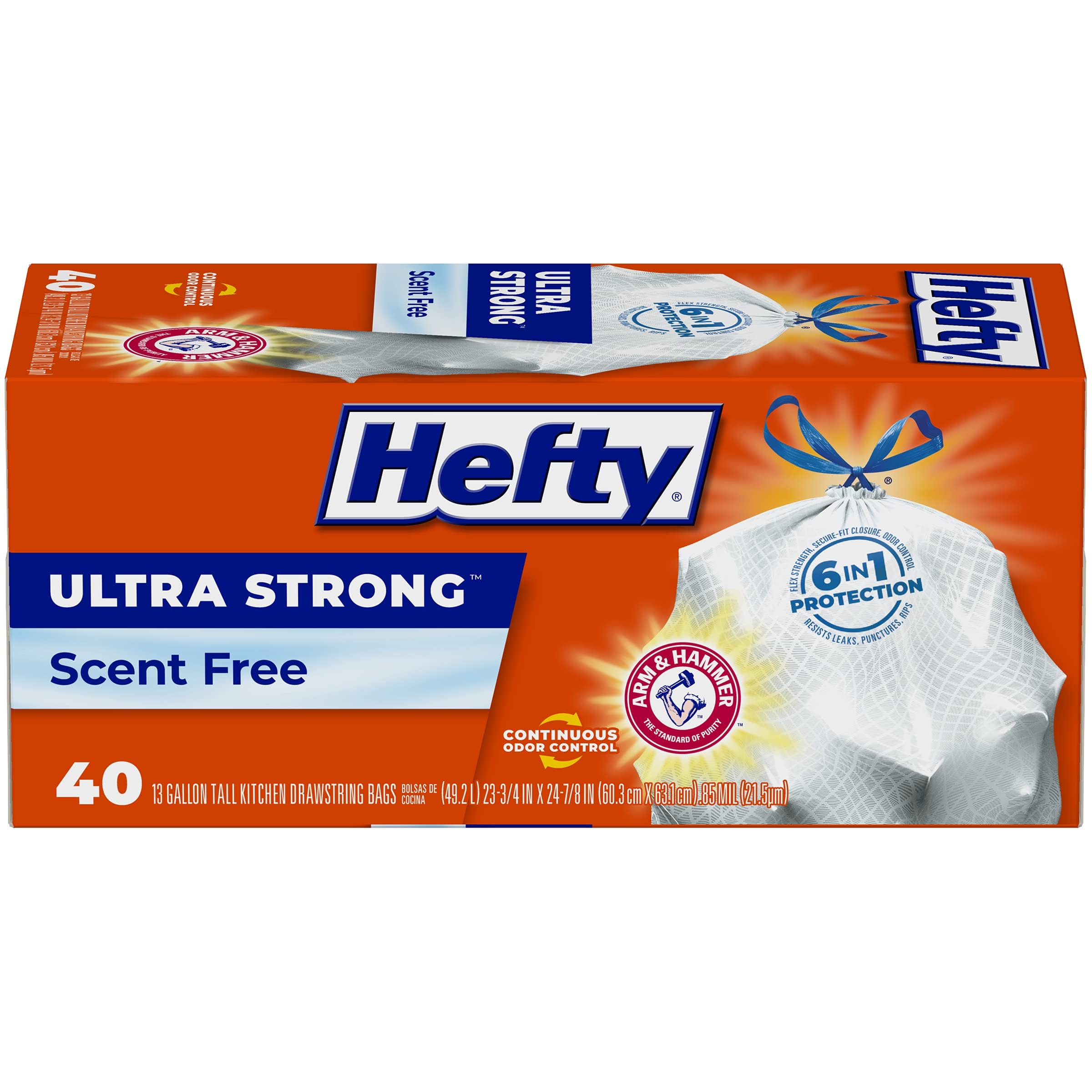 Hefty Ultra Strong 13 Gallon Trash Bags, Tall Kitchen Trash Bags 13 Gallon Size, Drawstring Closure, Continuous Odor Control, White, Unscented, 40 Bags (Pack of 6) Image