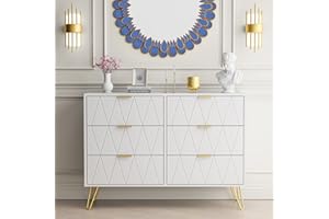 Anbuy 6 Drawer Double Dresser, Dual Chest of Drawers Dresser for Bedroom with Gold Handles (White)