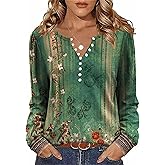 Zeagoo Fall Tops for Women Long Sleeve Button Up Shirts Floral Tunics V Neck Pullover Blouse