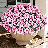 Artificial Fake Outdoor Outside Flowers Plants For Spring Decor, Faux Silk Pink Camellia UV Resistant Realistic for Front Door Porch Patio Planter Balcony Garden Yard Home Decor, 3 Large Bundles