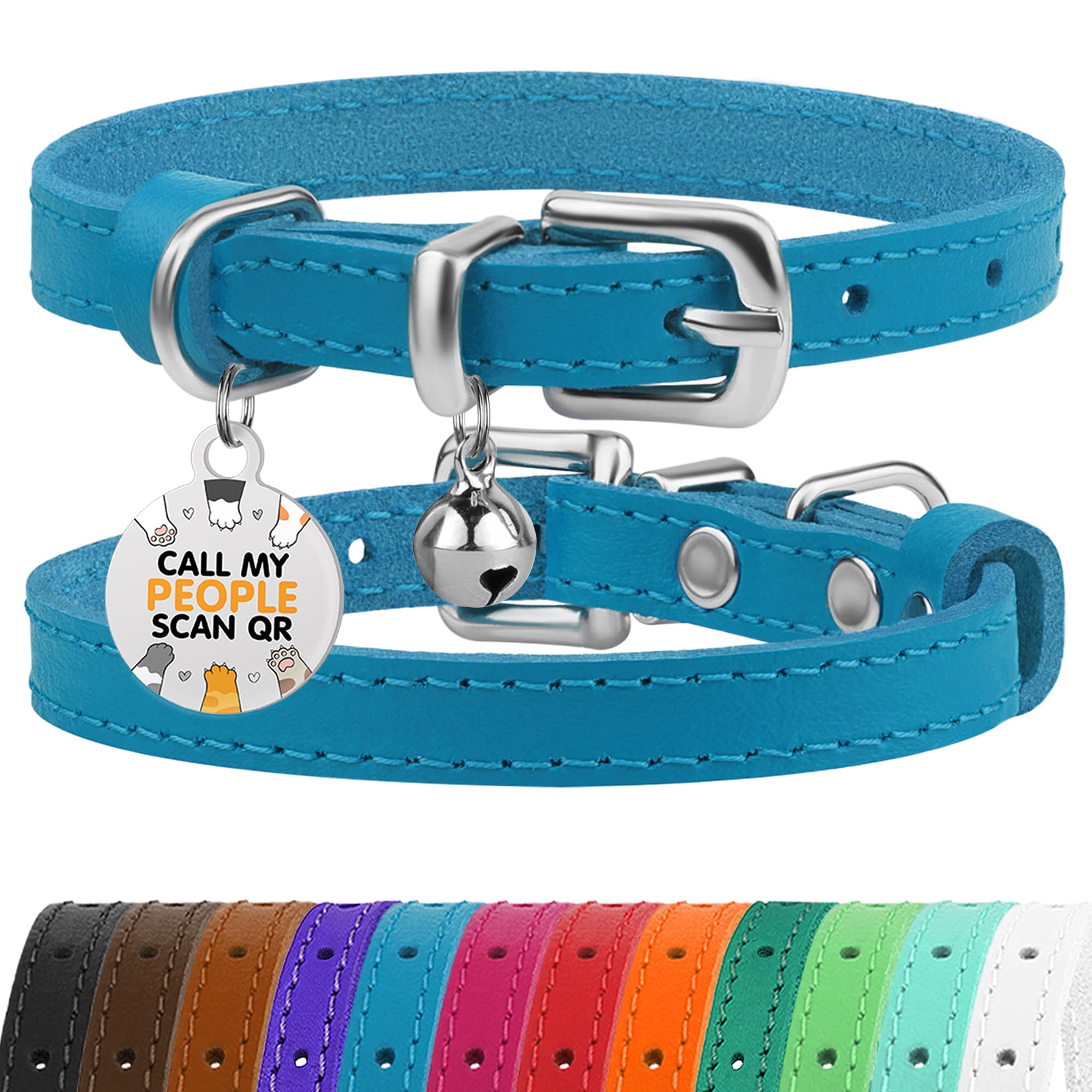Photo 1 of BRONZEDOG Leather Cat Collar with Removable Bells Non Breakaway Kitten QR Tag for Girl Boy (9" - 12" Cats/Mini Dogs, Blue & Silver)