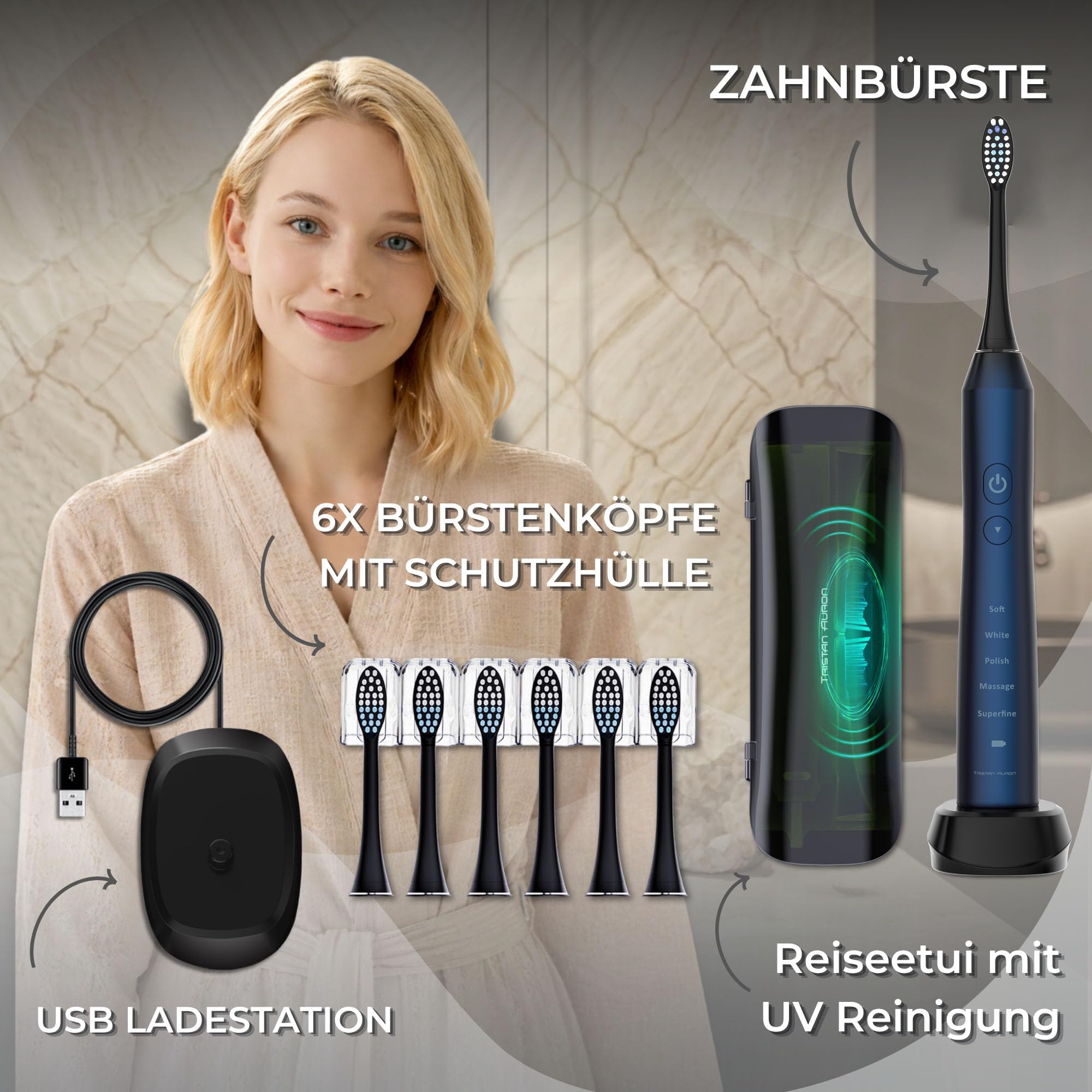Tristan Auron Schallzahnbürste - Beste Reisezahnbürste 2025-100 Tage risikofrei testen - 55000 Elektrische Schwingungen 5 Programme 60 Tage Batterie mit UV Reiseetui 6 Aufsätze Business Class Blau 7