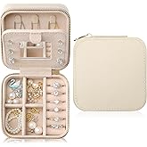 NGVRC Genuine Leather Travel Jewelry Organizer Case with Mirror for Women, Small Mini Portable Jewelry Box for Earring, Ring, Necklace, Bracelet（Cream）