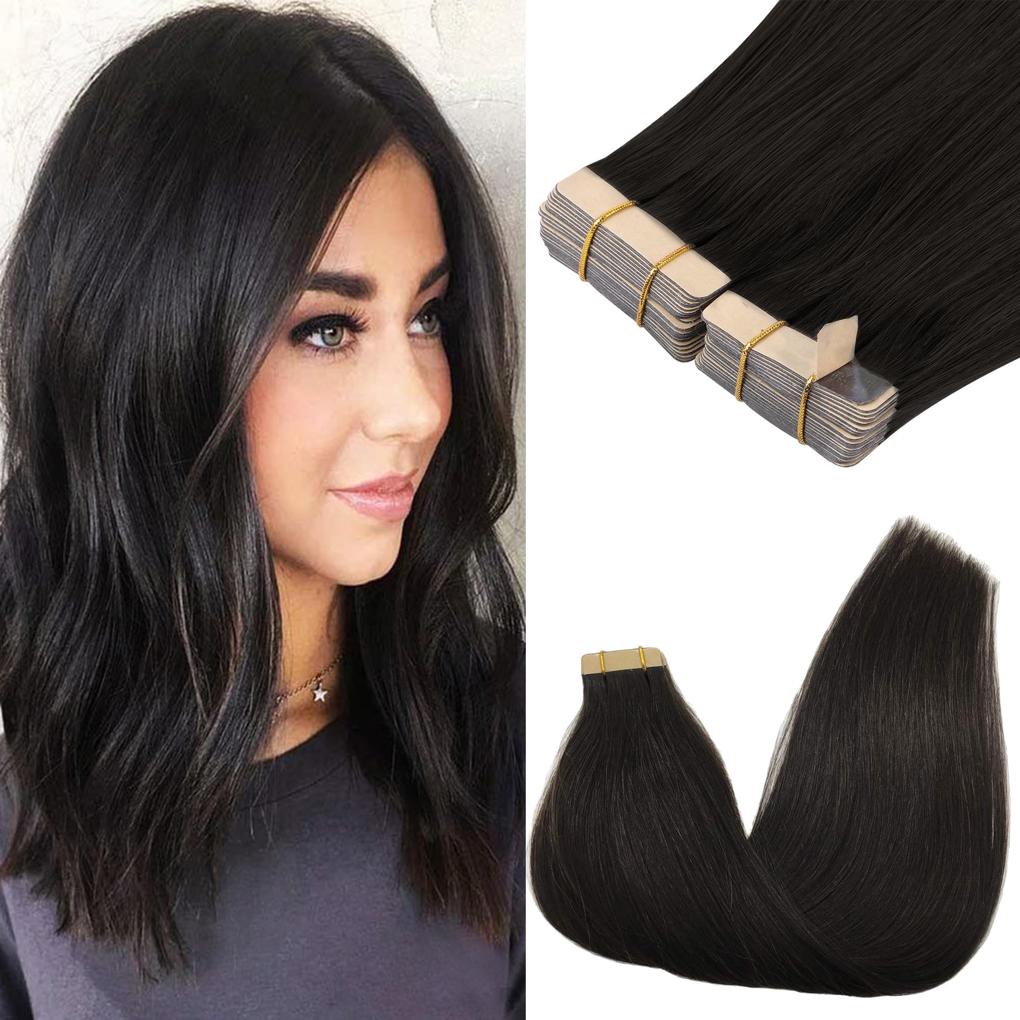 GOO GOO Tape in Hair Extensions human hair, tape Hair Extensions, 24inch 100g 40pcs, Human Hair Extensions, 1B Natural Black — image 1