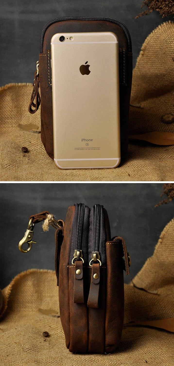 Le'aokuu Mens Genuine Leather Small Hook Waist Bag Hip Bum Pouch Pack Phone Front Bag 009 (009 Brown) - Image 4