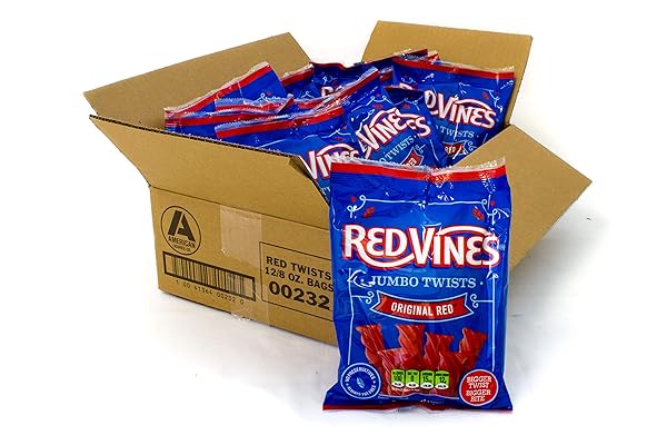 RED VINES JUMBO LICORICE, ORIGINAL RED FLAVOR, 8OZ BAGS (12 PACK), SOFT & CHEWY CANDY TWISTS