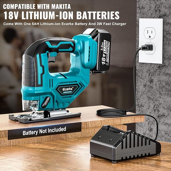 ECARKE JIGSAW COMPATIBLE WITH MAKITA 18V, BRUSHLESS CORDLESS JIGSAW TOOL WITH VARIABLE SPEED LED LIGHT, ±45° BEVEL CUTS 3-POSITION ORBITAL ACTION FOR CUTTING (WITH 5AH BATTERY & CHARGER STATION KIT)