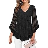 Lotusmile Womens Dressy Blouse Double Layers Mesh Shirt Ruffle 3/4 Flared Sleeve Tunic Tops