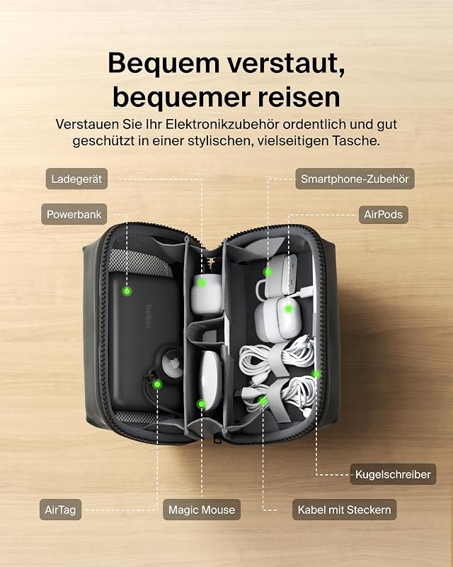 Reise-Organizer für Elektronikzubehör – Organizer-Tasche mit Platz für iPhone, Powerbank, Ladegerät, Apple Pencil, AirTag Holder – praktisch für Reisen, weiches, strapazierfähiges Material