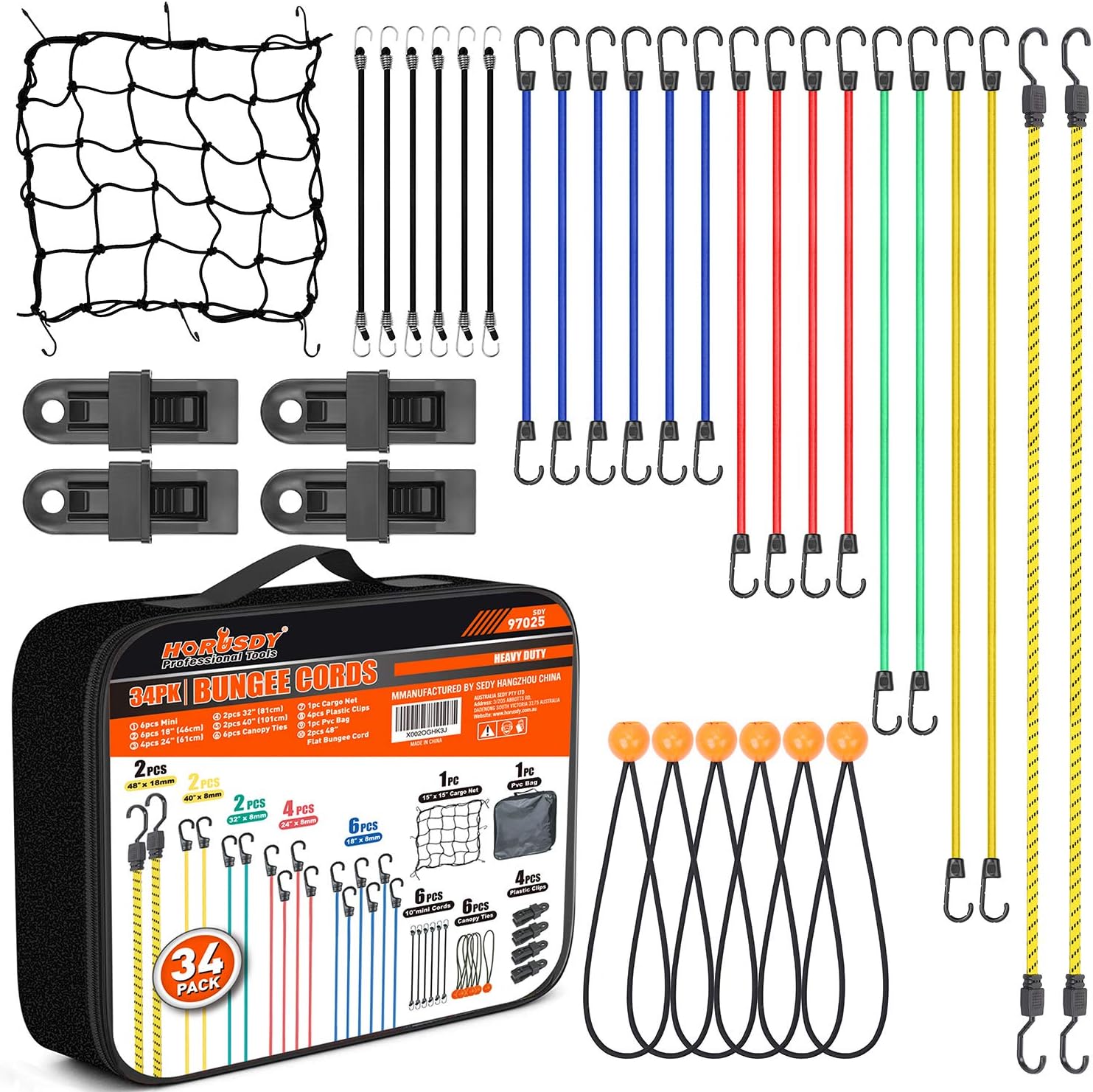 HORUSDY 34-Piece Premium Bungee Cords Assortment Jar, Includes 10”, 18”, 24”, 32”, 40”, 48” Bungee Cords, 15” Rubber Cargo net, 8”Canopy/Tarp Ball Ties and Crocodile Mouth Tarp Clips: Kitchen & Dining