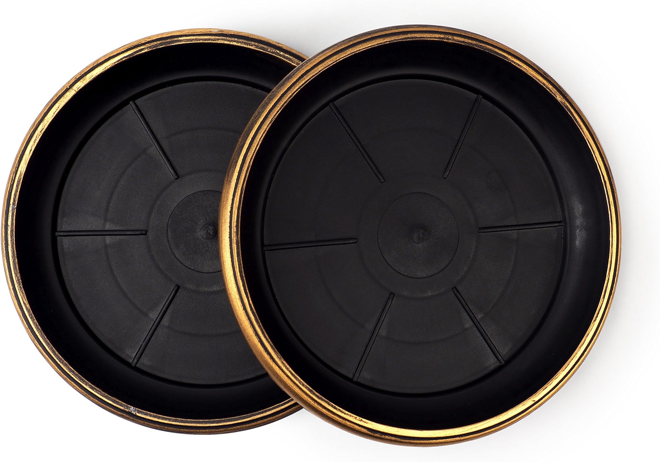 Sapphire USA 9" Decorative Heavy Duty Tray/Saucer (2 Pack) Rustic Medieval/French Country Look, Pot/Planter Base for Indoor/Outdoor Decor Use. Long Lasting, Reusable Light Weight (9 inches, Gold)