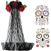 RAINDEWLL Day of the Dead Headpiece,Dia de los Muertos Headpiece,Mexican Flower Crown Headband with Face Tattoo