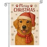 HOMETITUTE Merry Christmas Golden Retriever Garden Flag Double Sided 12x18 Inch Burlap Dog Garden Flag Red Hat Scarf Seasonal Banner for Indoor and Outdoor Decoration Yard Lawn Decor