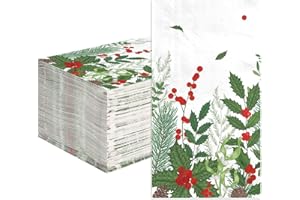 GREENCIAN 100 Pcs Winter Plant Napkins Disposable Absorbent 3 Ply Holly Berry Greenery Guest Napkins Berries and Pine Napkin for Winter New Year Holiday Lunch Dinner Kitchen Supplies