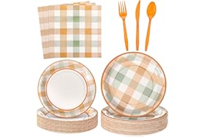 Yungyan 24 Set Thanksgiving Fall Plaid Paper Plates Napkins with Forks and Knives Party Supplies for Guests, Disposable Friendsgiving Turkey Autumn Dessert Dinnerware Buffalo Check Table Decorations