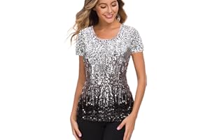 MANER Women’s Full Sequin Tops Glitter Party Shirt Short Sleeve Sparkle Blouses S-4X