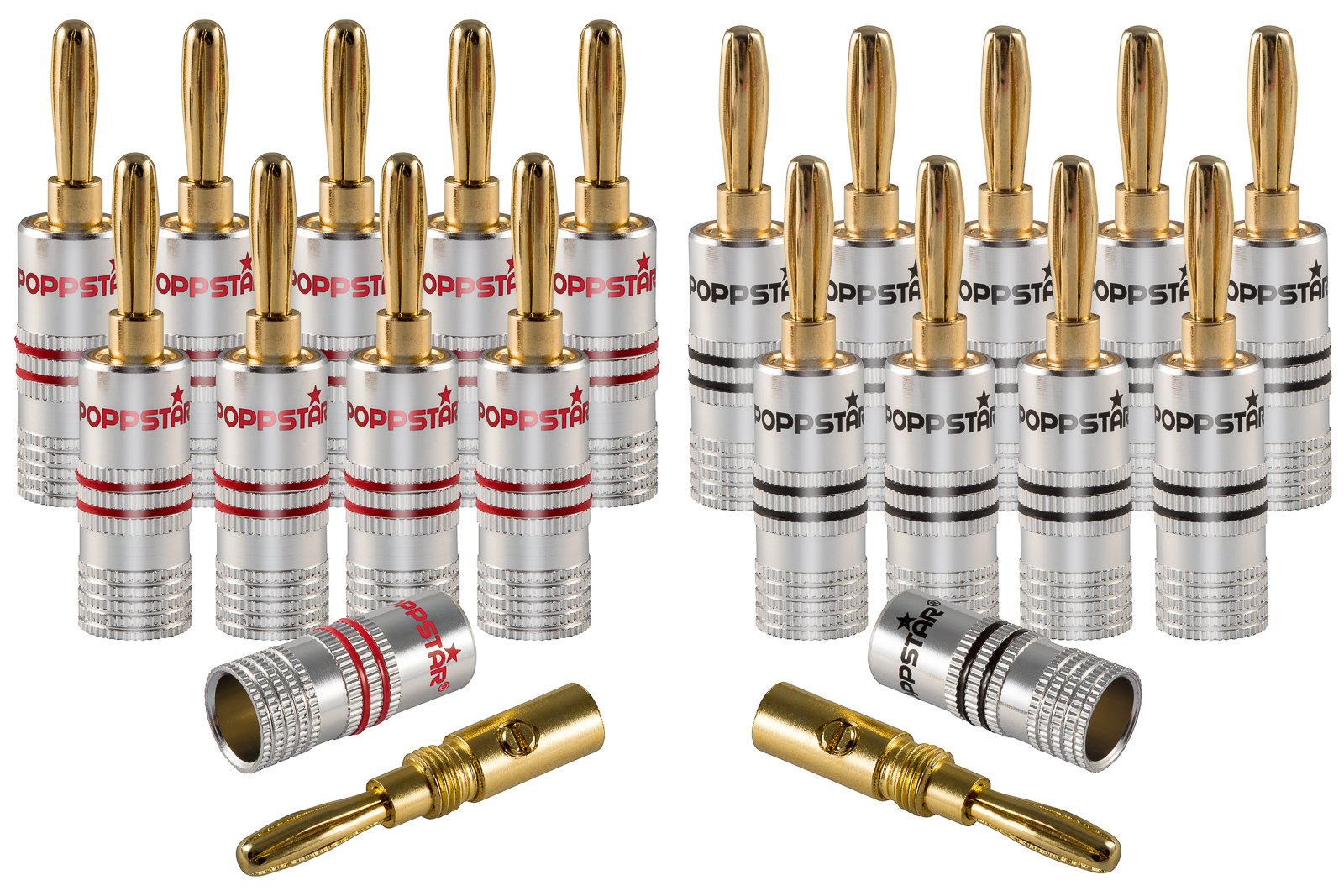 Poppstar Banana plug, for cables up to 4 sq mm screwed or 6 sq mm soldered, 24k gold plated contacts, set of 20