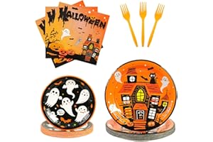 BOKFJBP 96PCS Halloween Plates and Napkins,Orange Ghost Castle Cat Design 9 &7 Inch Paper Plates 6.5 Inch Napkins Forks Disposable Dinnerware for Halloween Party Supplie Decorations 24 Guests