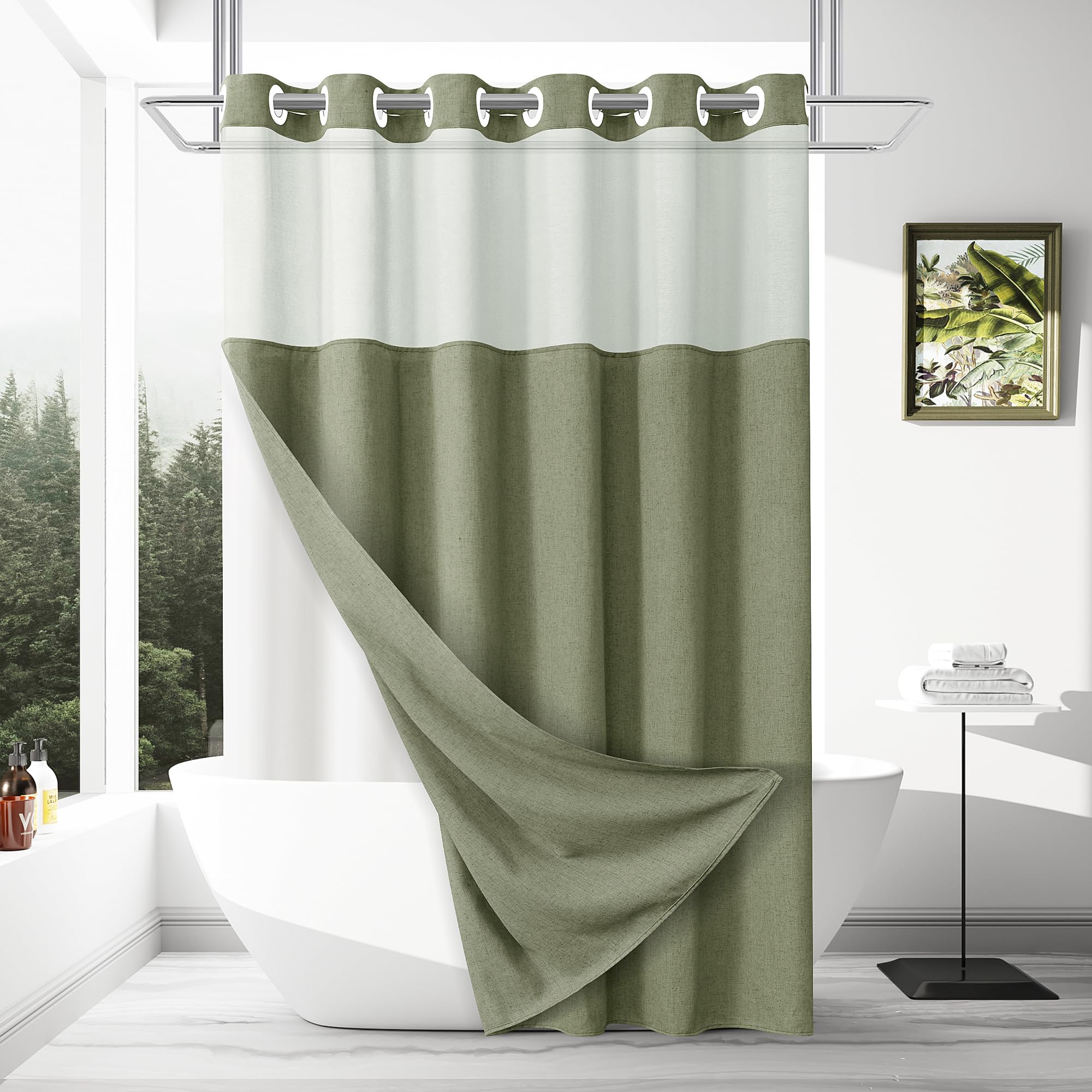 Jowels No Hooks Needed Linen Shower Curtain and Liner Set,Sage Green Hotel Luxury Decor Shower Curtains for Bathroom with See Through Top Window,Water Resistant Fabric,72Wx78L,Sage Green Image
