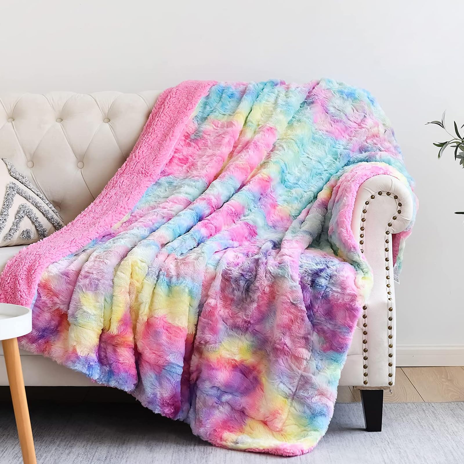 NEWCOSPLAY Super Soft Faux Fur Throw Blanket for Couch Dark Rainbow Sherpa Fuzzy Plush Warm Blanket for Sofa Bed (Dark Rainbow, Throw(50"x60"))