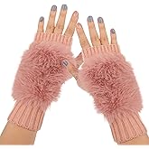 Flammi Women Wool Knit Fingerless Gloves Furry Mittens Wrist Warmers