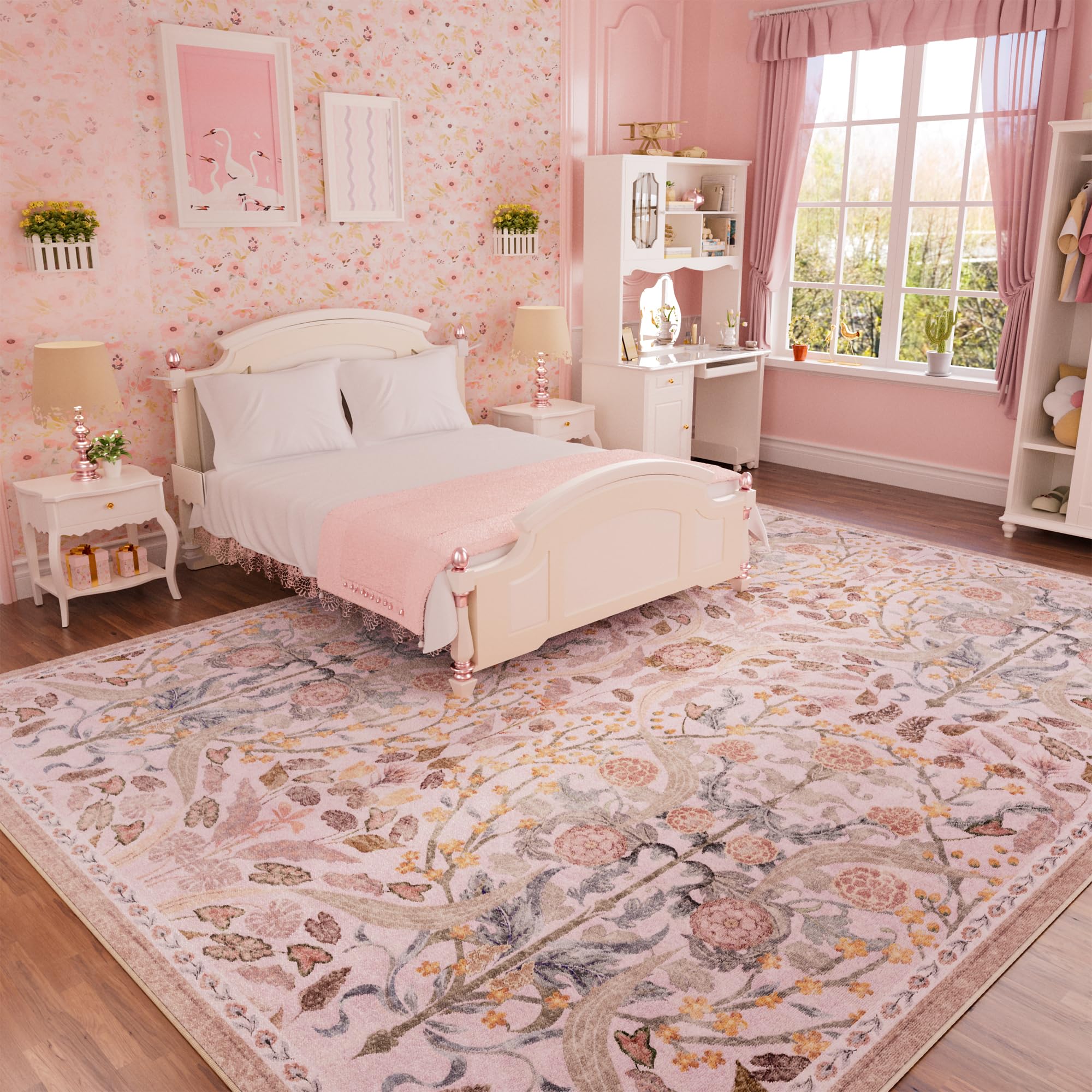 AMTOVO 8x10 Washable Area Rugs for Living Room, Non-Slip&Non-Shedding Floral Large Soft Boho Vintage Accent Print Carpet for Bedroom Girls Room Dorm Dining Room Farmhouse Nursery Home Office, Pink