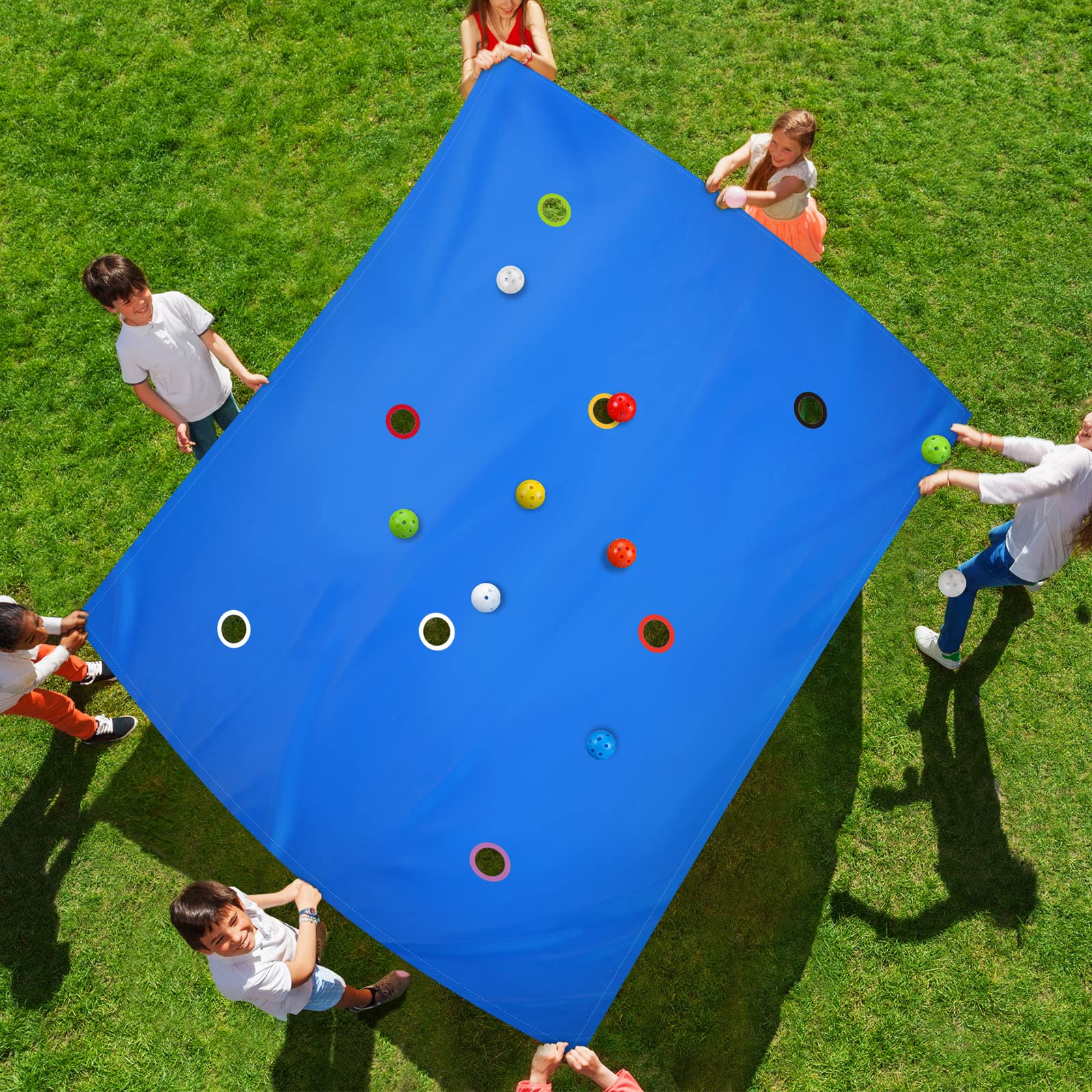 Photo 1 of Kathfly Blue Hole Tarp Team Building Game 98 x 70 Inch Learning Fun Team Building Games for Work with 8 Pcs Team Building Ball for Teamwork Group