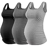 Ecavus Women's Maternity Tank Top 3 Pack Square Neck Ruched Side Soft Stretch Ribbed Comfortable Basic Shirt