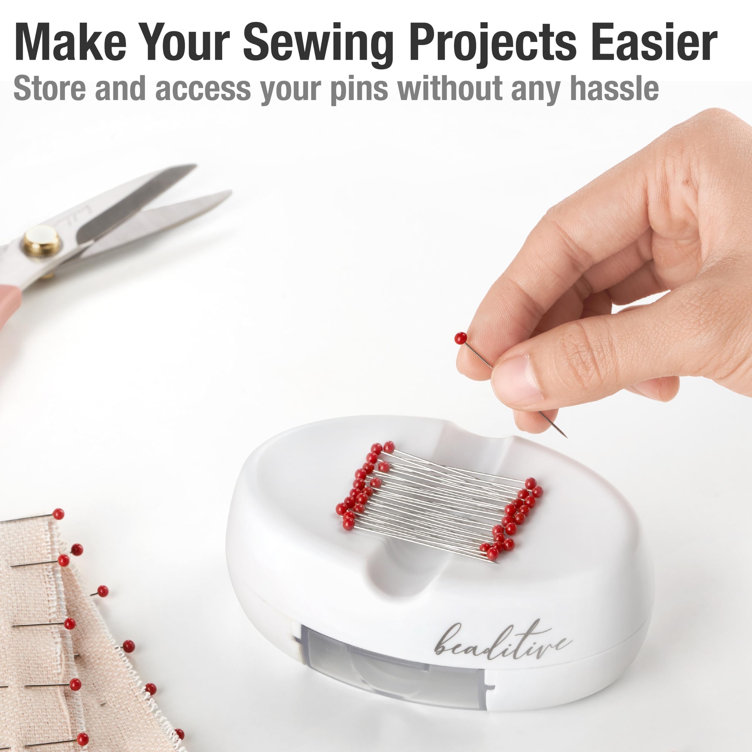 Beaditive Magnetic Pin Cushion with Drawer - Strong Magnet Pin Holder Cushions for Sewing - 50 Glass Head Quilting Pins Included - Chic Pincushion Caddy for Sewing Pins, Paper Clips, Screws – White