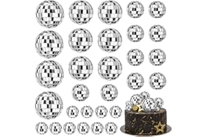 JOERSH 30 PCS Disco Ball Cake Decoration, Small Silver Reflective Mirror Ball Cake Topper, 70s Disco Themed Table Decor for Disco Theme Party 70s Disco Party Favor, 4 Sizes