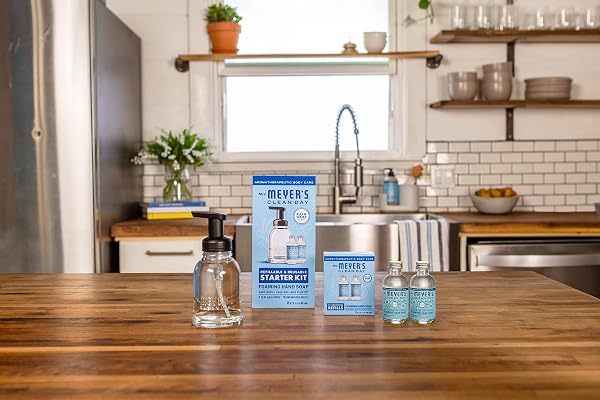 MRS. MEYER’S CLEAN DAY FOAMING HAND SOAP DISPENSER & CONCENTRATE STARTER KIT,1 GLASS DISPENSER (10 FL. OZ.) & 2 CONCENTRATED REFILLS (2 FL.OZ. EACH),RAIN WATER, MAKES 20 FL. OZ. OF FOAMING SOAP TOTAL