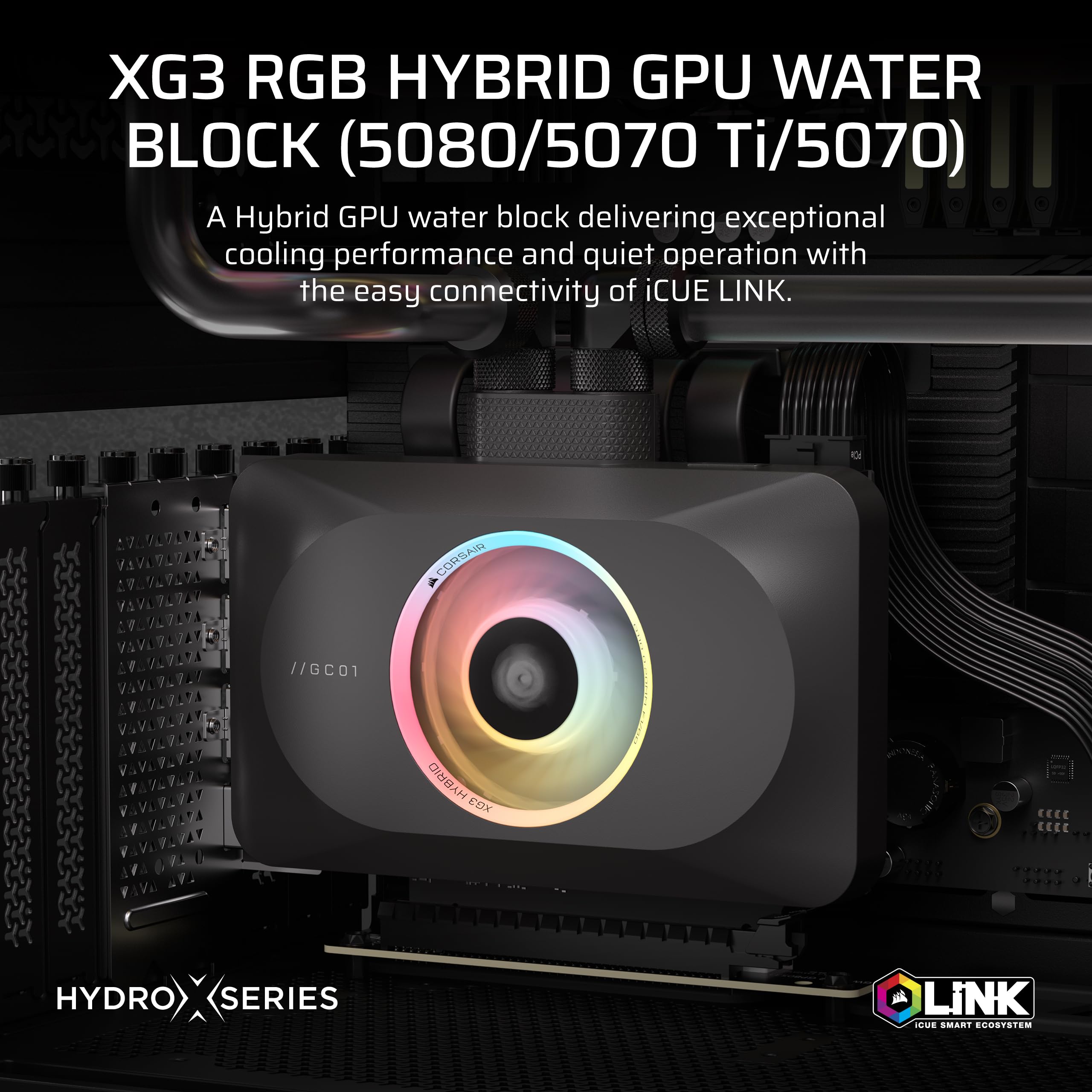 CORSAIR XG3 RGB HYBRIDER GPU-Wasserblock – Hybride Custom-Kühlung, Kompatibel mit 5080, 5070 Ti, & 5070-GPUs, 18 einzeln ansteuerbare RGB-LEDs, iCUE LINK, Integrierter Temperatursensor – Schwarz 2