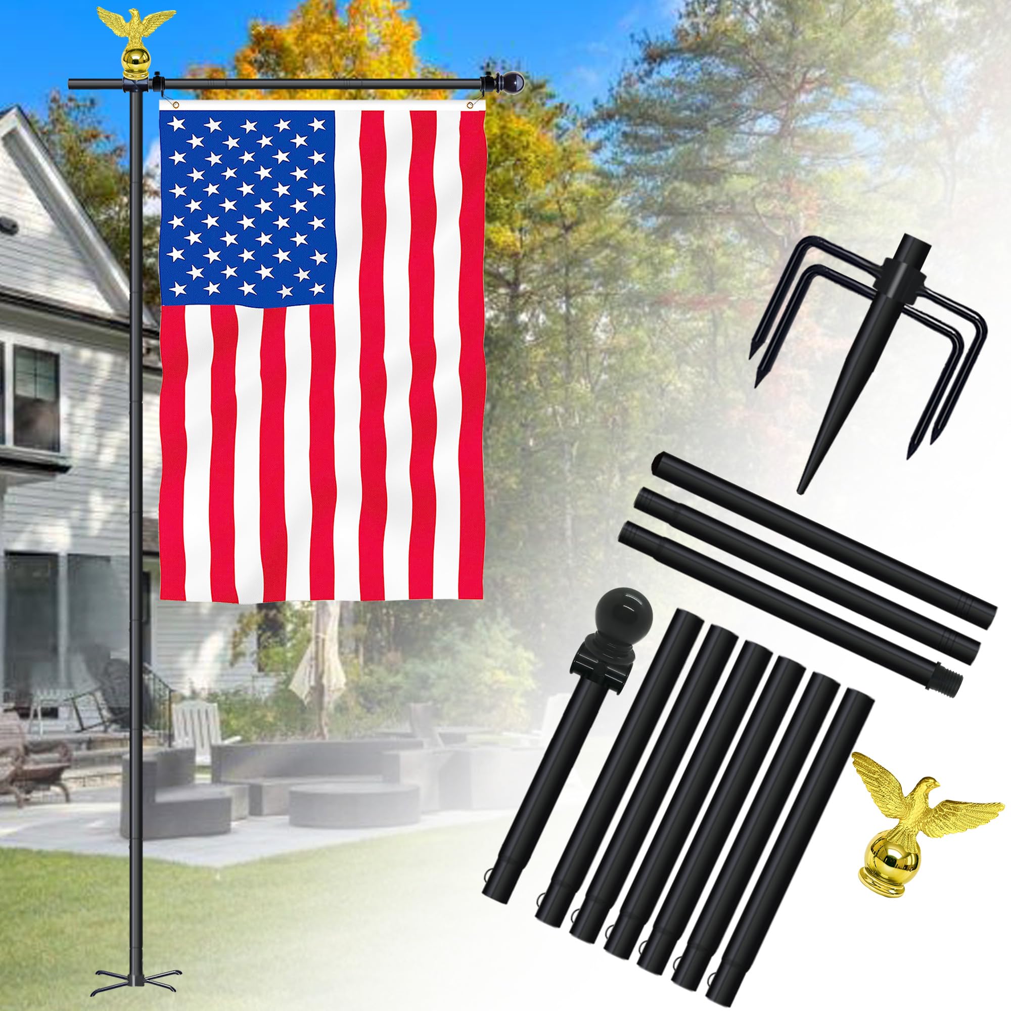 Photo 1 of 10FT Garden Flag Pole Stand for 3x5 Feet & 28x40 Inch Flags – Heavy Duty Freestanding Flagpole with 5-Prong Base – Adjustable, Lightweight Aluminum Flag Holder for Yard, Outdoor, Lawn – Black