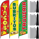 Remagr 3 Pcs Tacos Burritos Feather Flag 11 ft Mexican Food Swooper Flag Mexican Restaurant Advertising Feather Banner with Pole and Ground Stake for Outside Store Business Markets