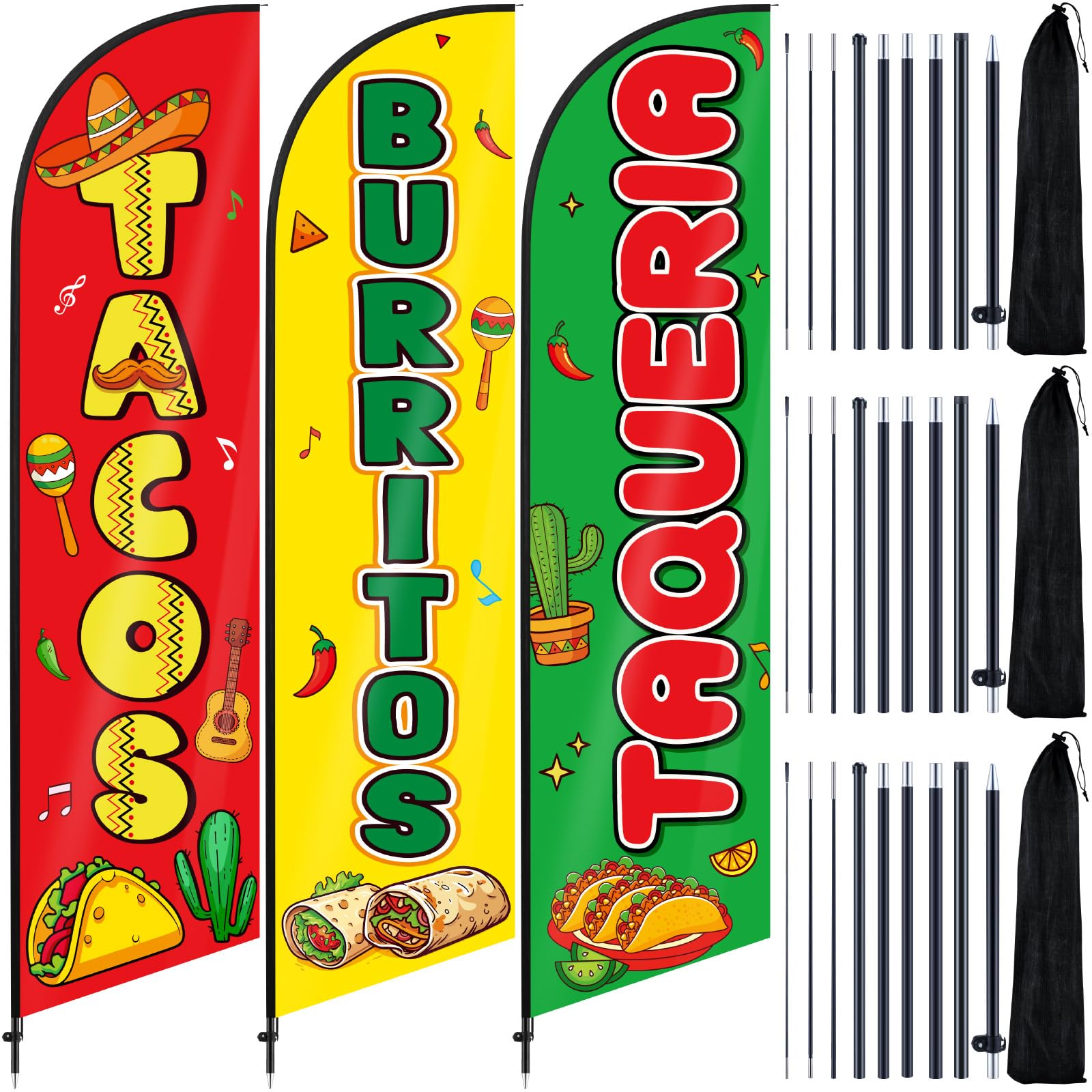 Photo 1 of Remagr 3 Pcs Tacos Burritos Feather Flag 11 ft Mexican Food Swooper Flag Mexican Restaurant Advertising Feather Banner with Pole and Ground Stake for Outside Store Business Markets