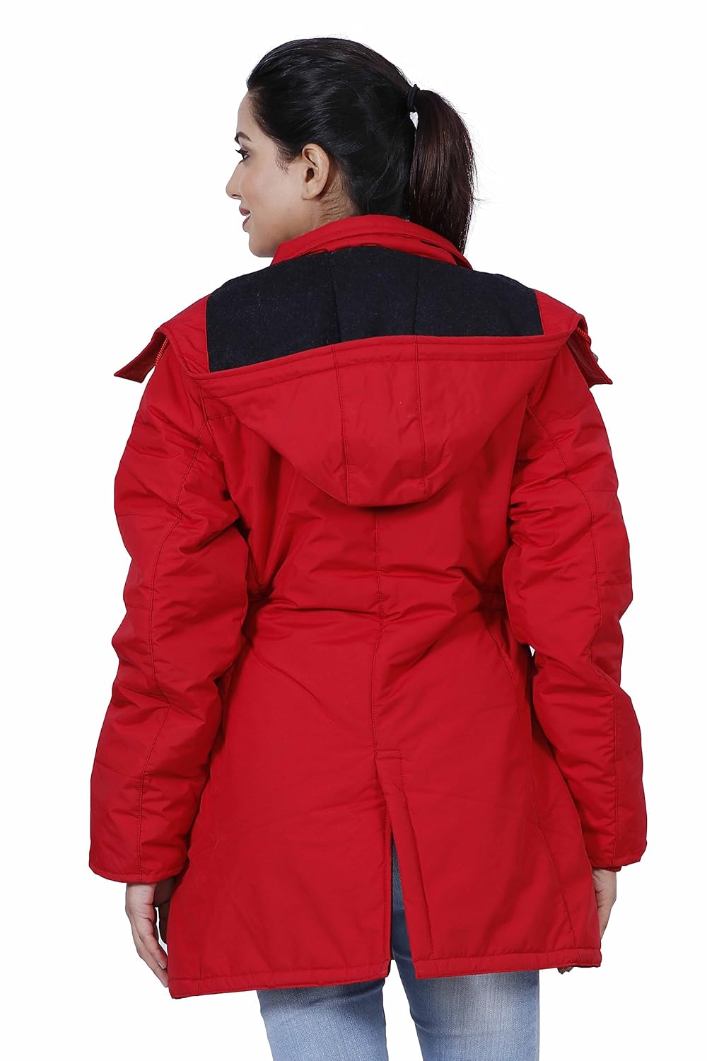 hiver women's nylon red full-sleeved winter jacket with hood