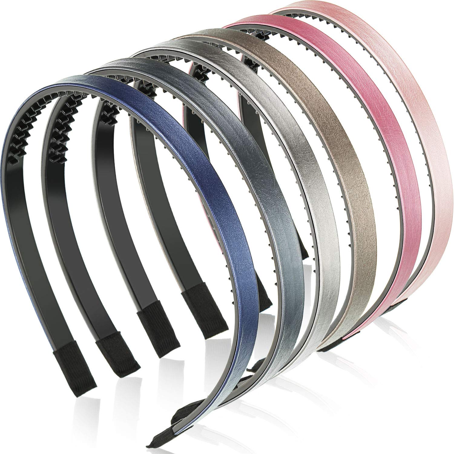 6 Pieces Skinny Leather Covered Headband Plastic Skinny Headband Hair Loop Clasp Hairbands Solid Simple Headband for Women and Girls (Lustrous Pink, Rose Red, Blue, Gold, Silver and Grey) : Beauty