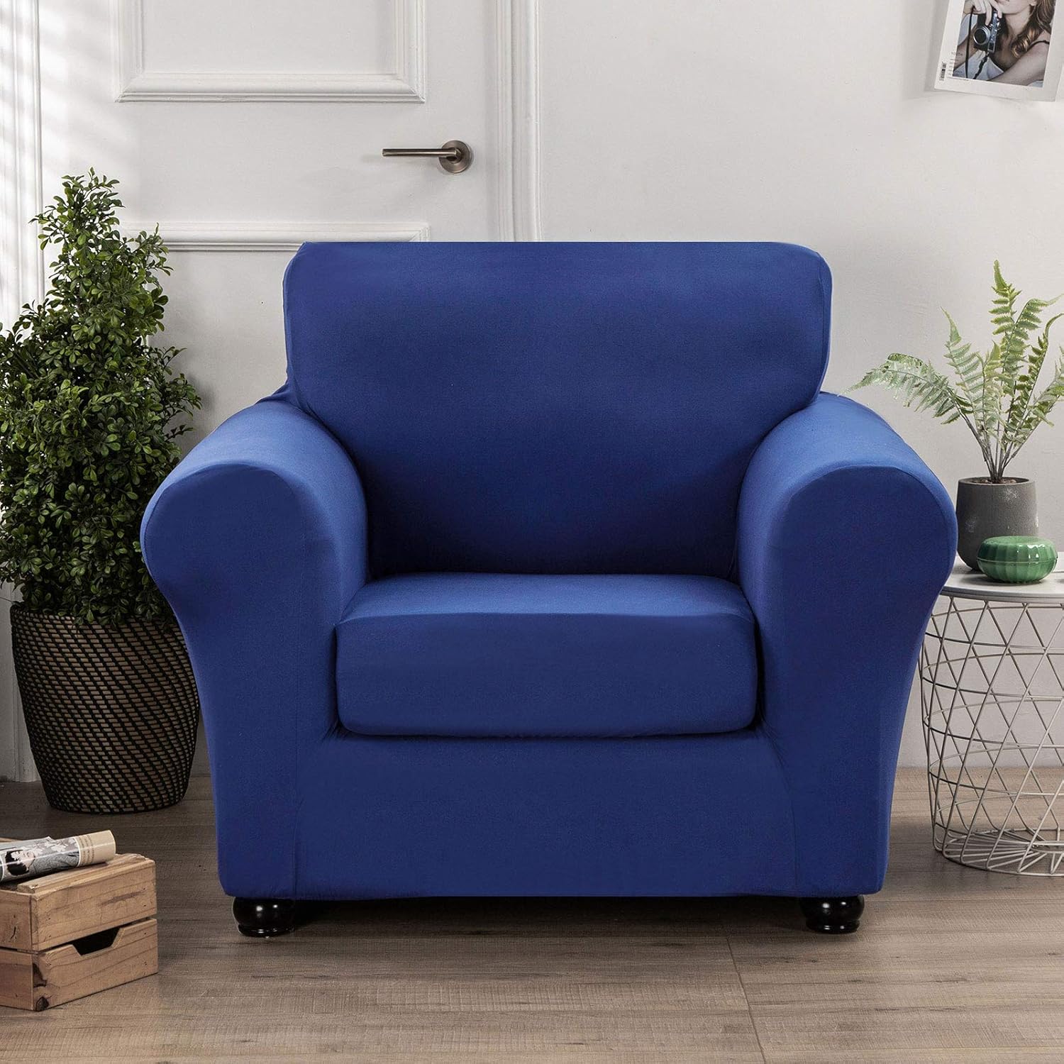 hyha 2 Piece Stretch Chair Covers for Living Room - Soft Armchair Slipcovers for Separate Cushion Covers, Washable Furniture Covers, Chair Slipcover with Elastic Bottom for Pets (Armchair, Navy): Kitchen & Dining