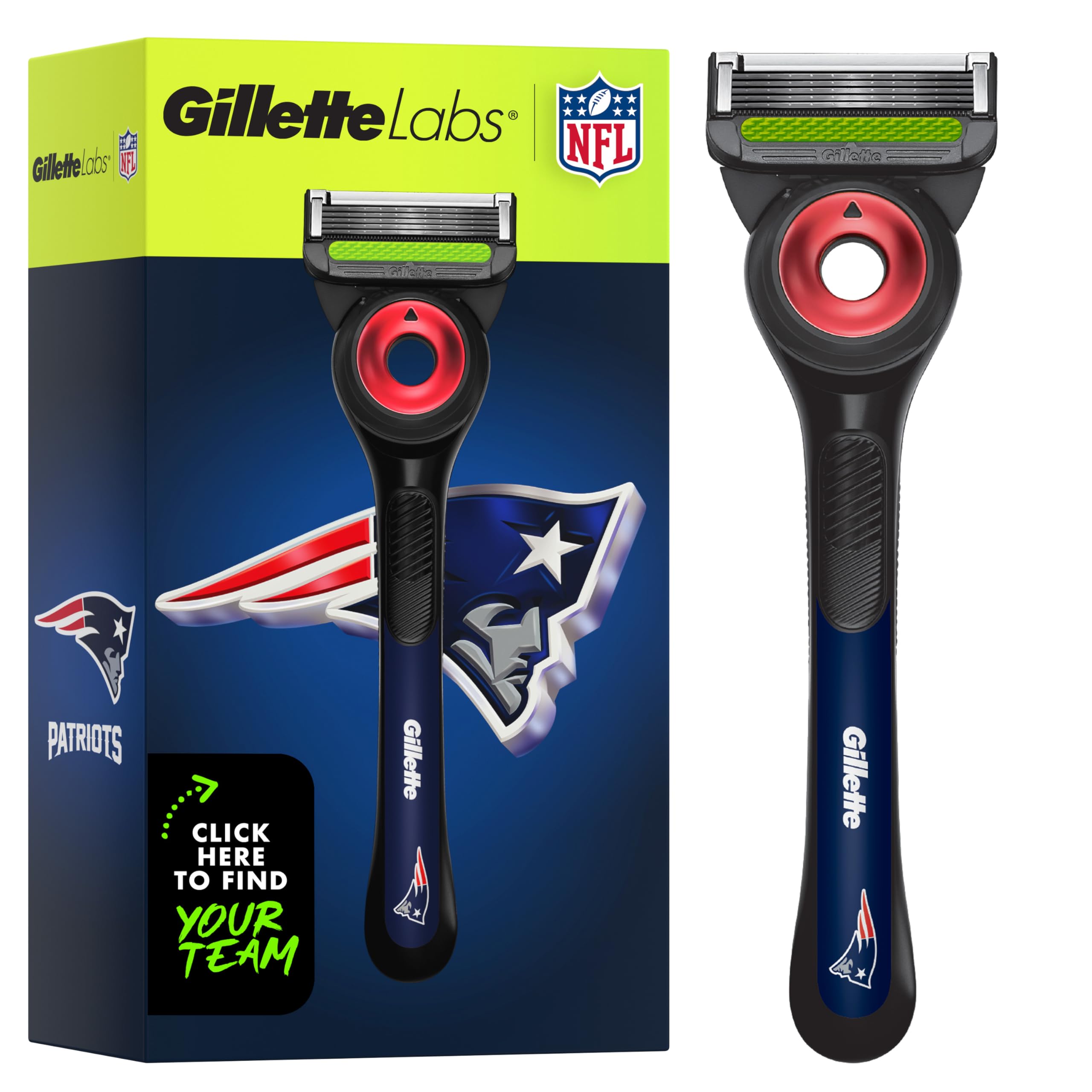 Gillette Labs Special NFL Patriots Edition Shaving Razor for Men - 1 Handle, 4 Razor Blade Refills & Magnetic Stand, GilletteLabs with Exfoliating Bar Image