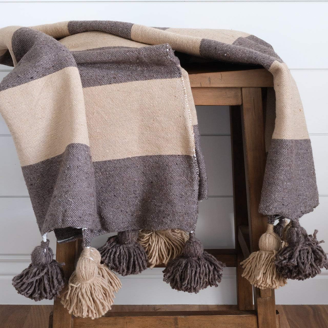 The Cozy Throw - Chocolate & Expresso Authentic Moroccan Pom Pom Throw Blanket for Couch, Sofa, or Bed, Modern Boho Design, (50โW X 58โL in. App.)