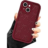 Aitipy Burgundy Red Phone Case for iPhone 14 Plus, Cute Aesthetic Red Bow Design Case, Soft Silicone Slim Shockproof Protective Phone Cover for Women Girls - Maroon