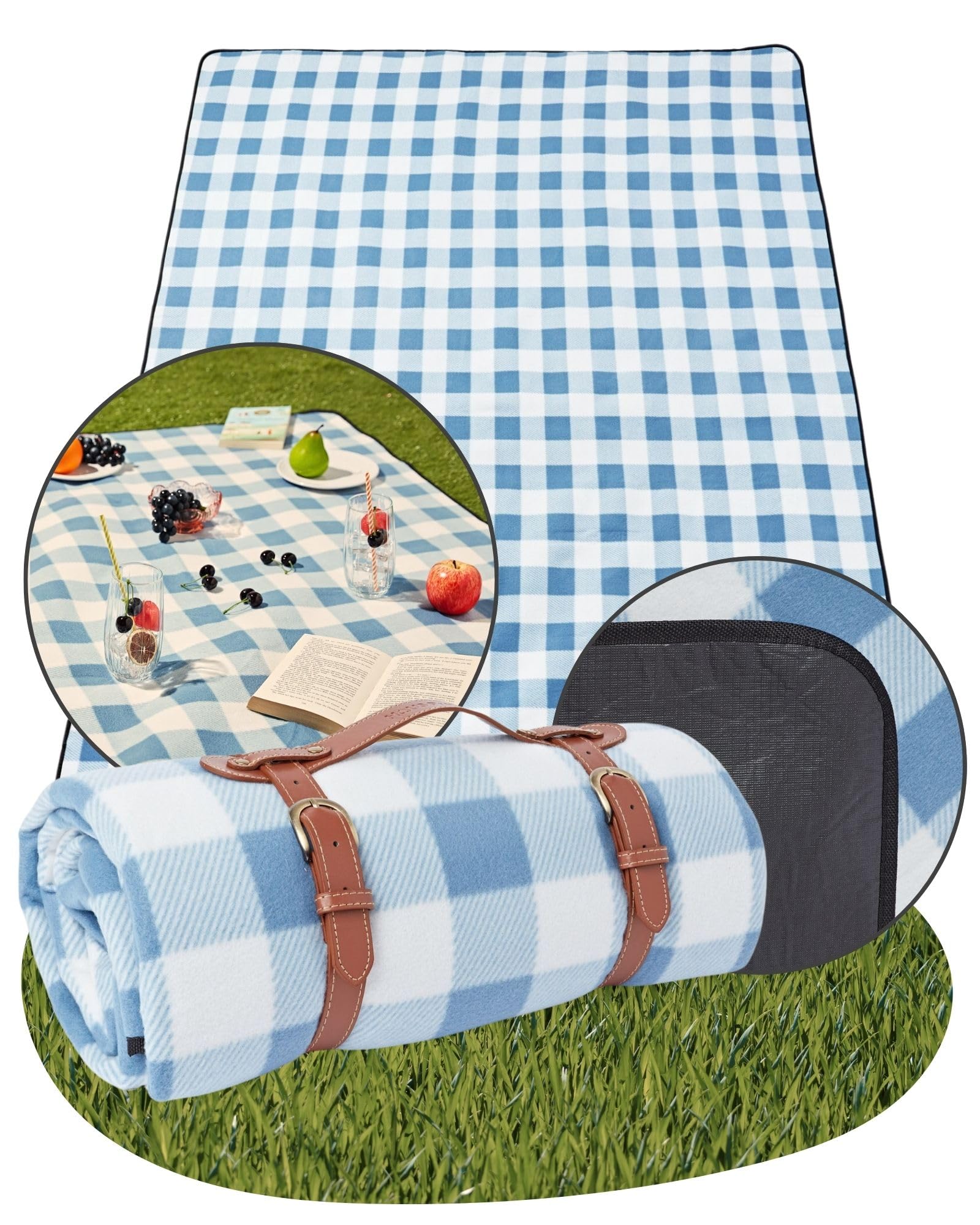 Haus Projekt Fleece Picnic Blanket Light Blue, 200x150cm Foldable Picnic Mat, Sandproof Beach Blanket with Carry Handle and Hidden Zip Pocket, Festival Camping Essentials, Hiking Accessories